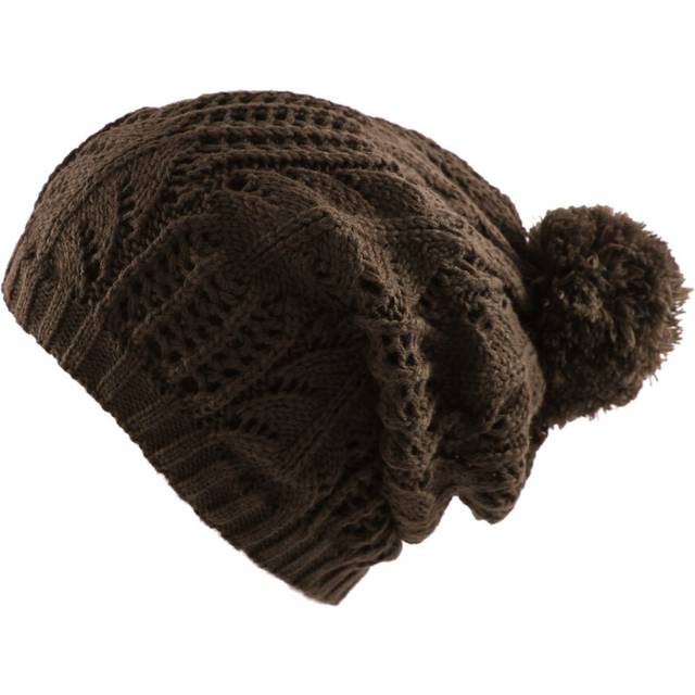 Morehats Thick Crochet Knit Slouchy Pom Pom Beanie Winter Ski Hat - Chocolate