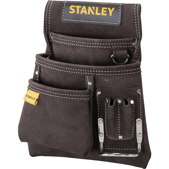 STANLEY Leather Tool Pouch, Double Pocket Storage Organiser, Hammer Loop, STST1-80114, Dark Brown