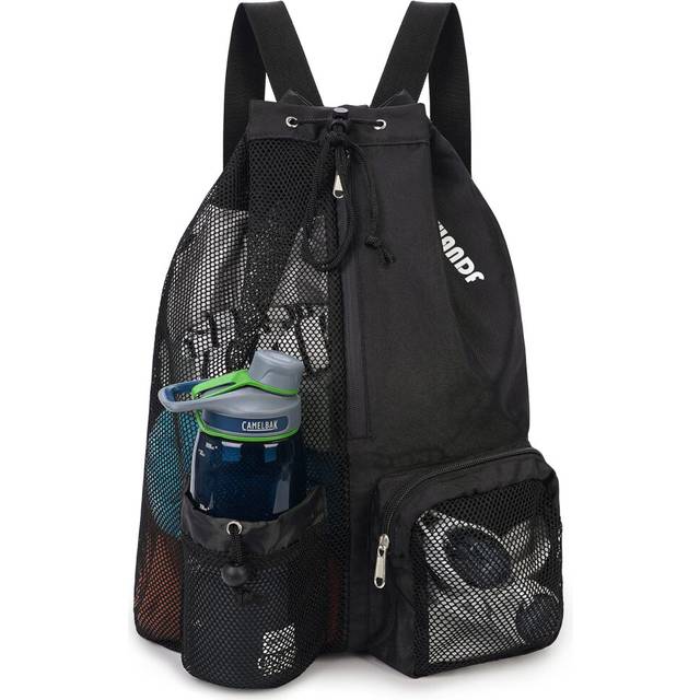 WANDF Swim Bag Mesh Drawstring Backpack with Wet Pocket for Swimming, Gym, and Workout Gear (Black)
