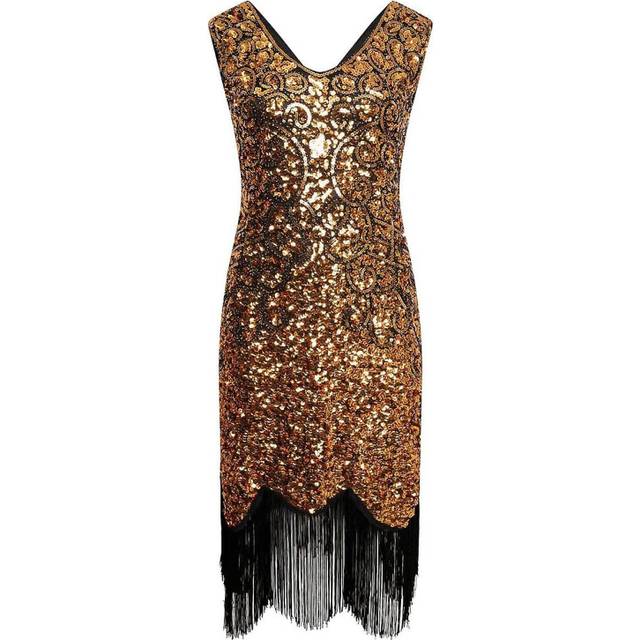 (XXL, Black-Gold) Hot Sale-women&#39;s Vintage Dress Sexy Sleeveless Dress 1920s Sequin Beaded Tassels Party Night Flapper Gown Dress Cocktail Dress