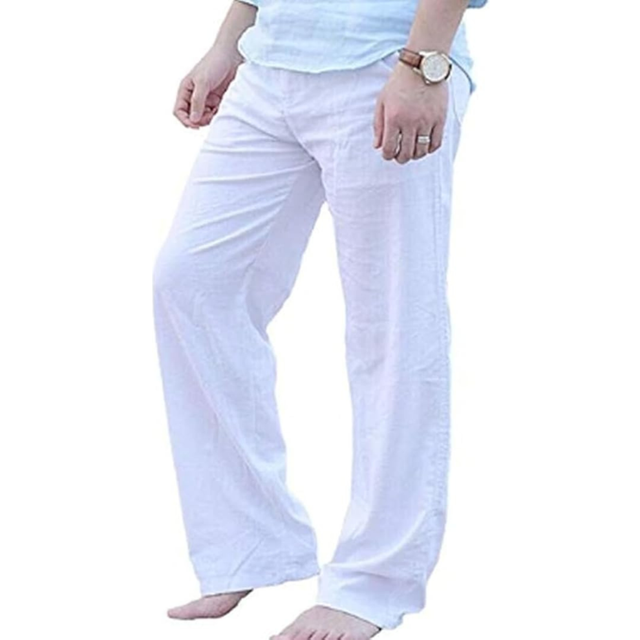 (S, White) Men's Linen Trousers  Casual Summer Beach Pants for Yoga, Gym, Office & Outdoor