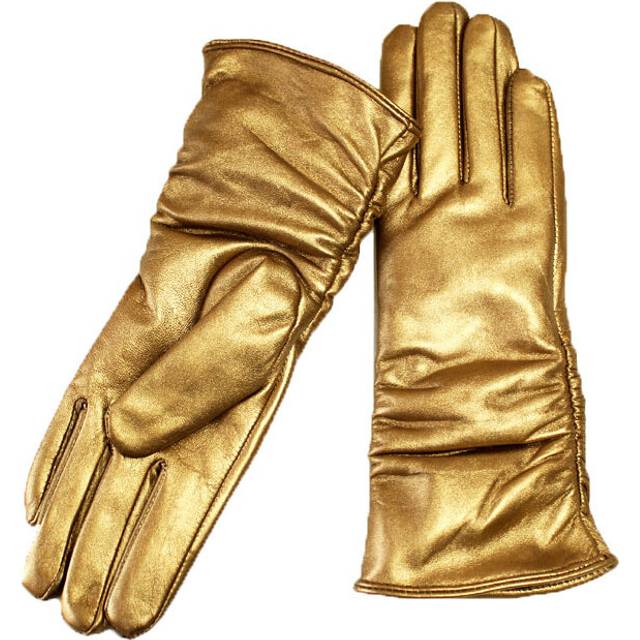 (8 1/2, Gold) Sheepskin Leather Gloves Women's Fashion Elastic Style Velvet Lining to