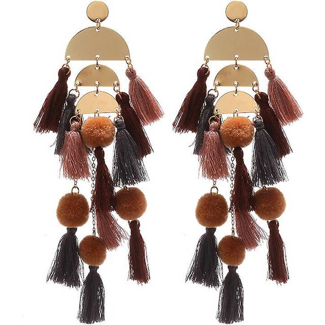 (As show, One size) Women Feather Earrings Long Tassel Bohemian Jewelry Coffee Gold Wedding Accessories
