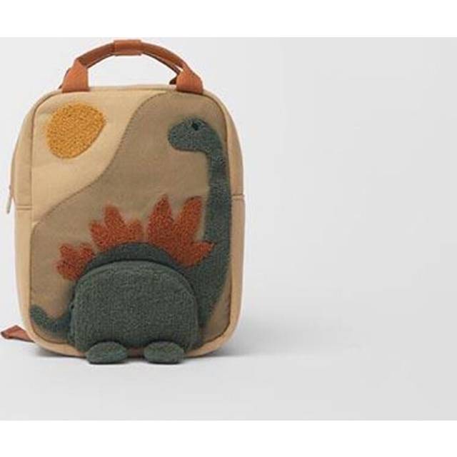 (white) New Embroidery Sun Long Neck Small Dinosaur Backpack Hook Hair Embroidered Cartoon Canvas Kindergarten Children Backpack