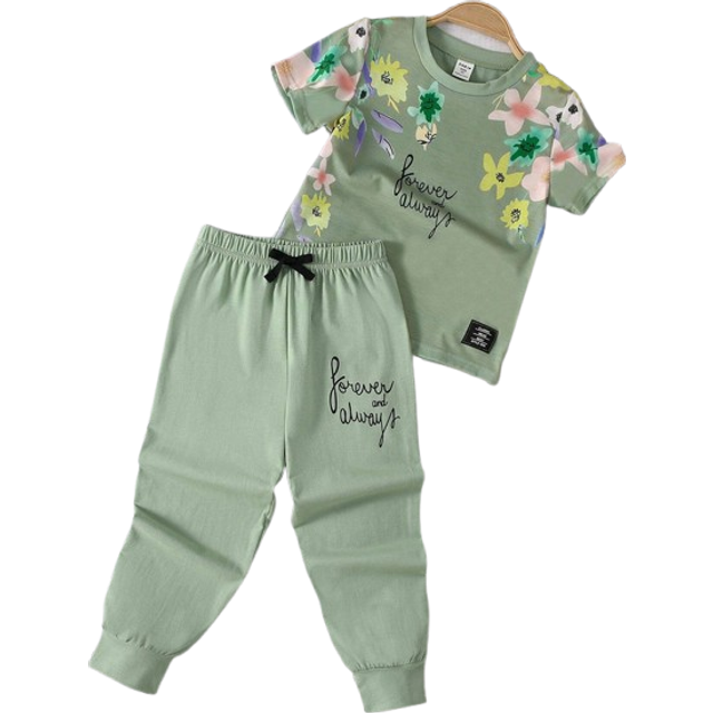 SHEIN Young Girls&#39; Spring And Summer Flower & Grass Printed Casual T-Shirt And Long Pants Set, Suitable For Daily Outing And Exercise In Spring, Summer And