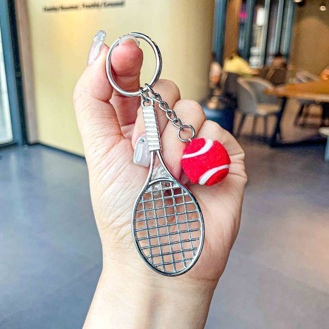 (Red) Elegant Metal Tennis Racket Keychain With Green Ball For All Occasions