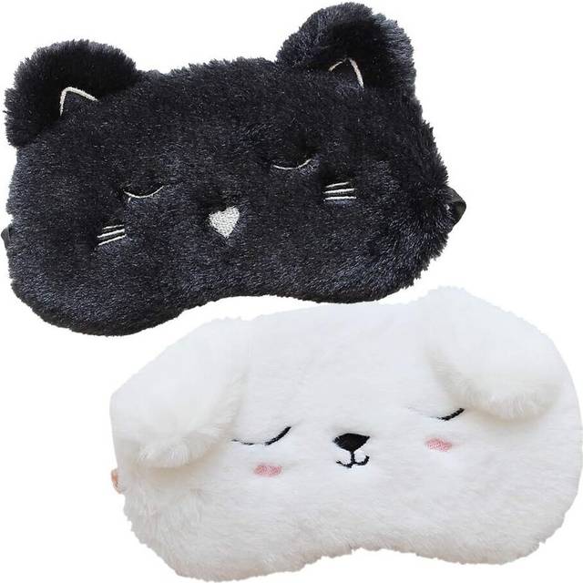 2 Pcs Cute Sleepping Eyemask Black Cat & White Dog Animal Cartoon Style Silk Feeling Plush Eye-Shade Cover Blinder