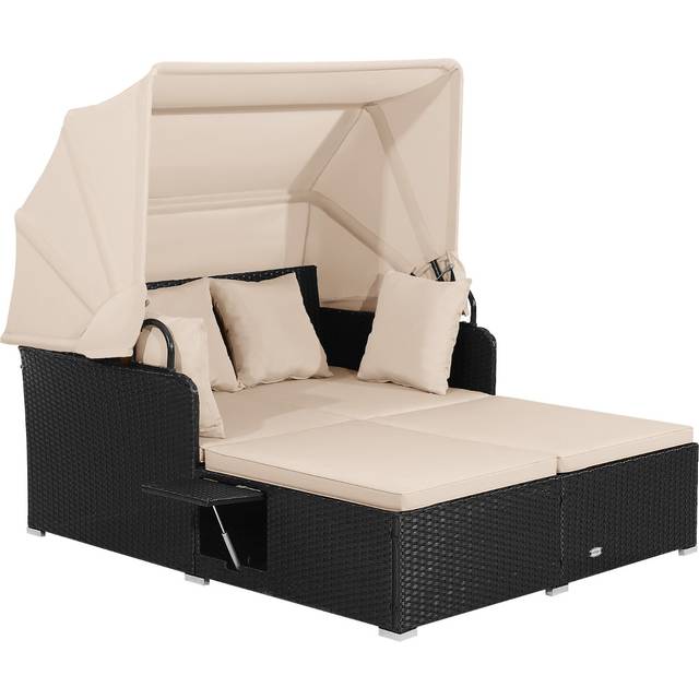 Garden Rattan Daybed with Retractable Canopy and Cushions-Beige