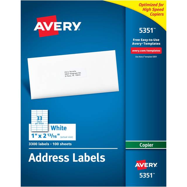 "Avery Printable Address Labels for Copiers  1"""""""" x 2-13/16""""""""  White  3 300 Blank Mailing Labels (05351)"