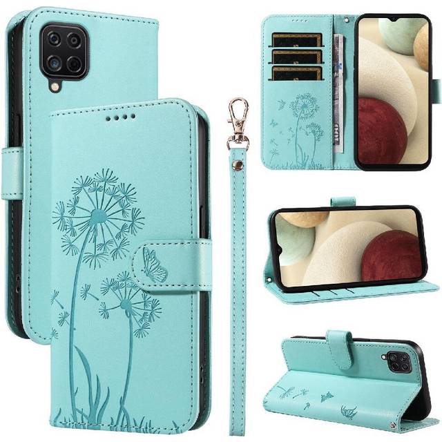 (Green) Compatible with Samsung Galaxy A12 5g Flip Case Stylish and Protective with Card Slots and Wrist Strap Dandelion Print Leather Phone Case