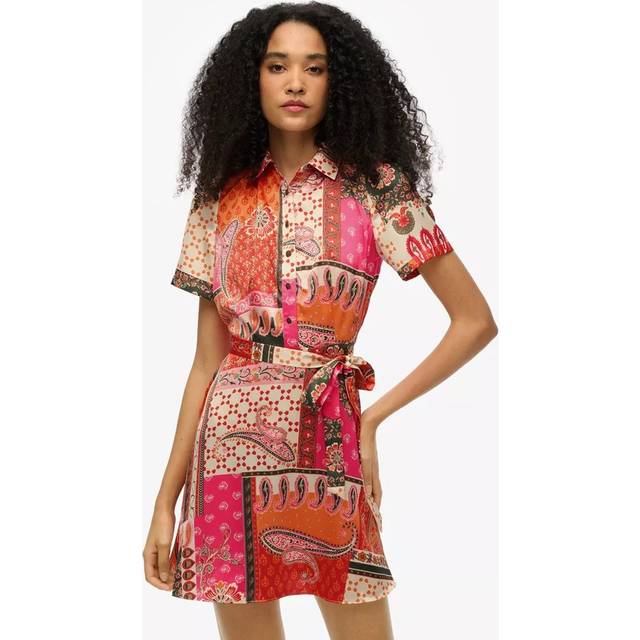 Superdry Patchwork Mini Shirt Dress - Pink, Pink, Size 14, Women