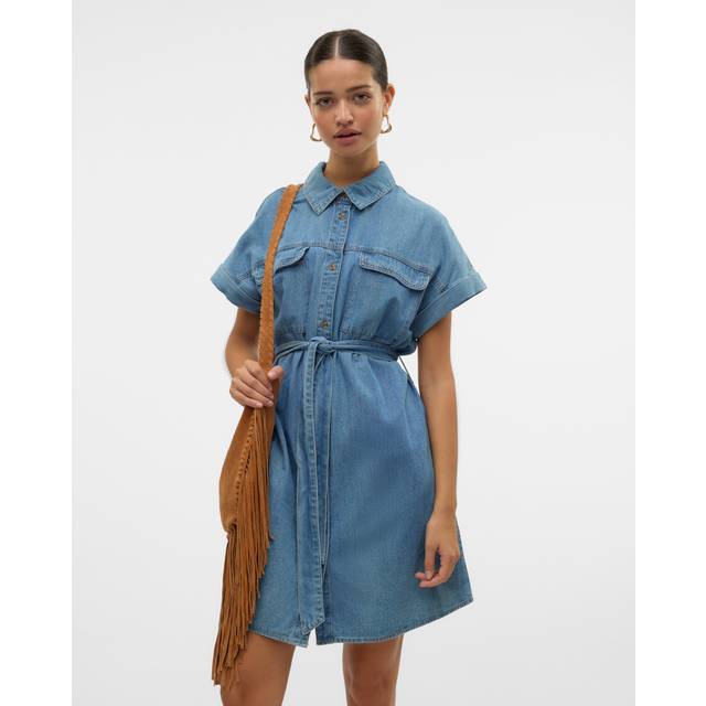 Women's Vero Moda Notus Short Sleeve Short Denim Dress Medium Blue Denim - Size: 12