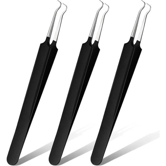 Set of 3 blackhead tweezers acne bumps stainless steel bumps extraction tool for removing blackheads acne whiteheads acne bend (black)