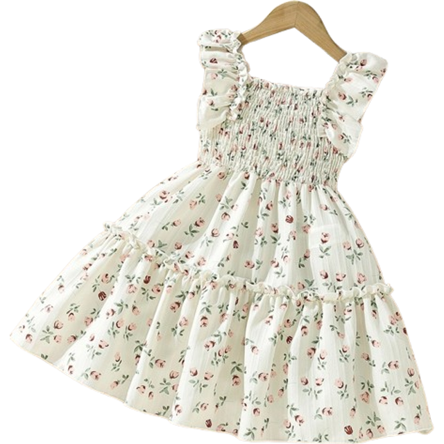 SHEIN Young Girl Ditsy Floral Print Ruffle Trim Shirred Dress With Hat Cottagecore Dresskids Floral Dresssummer Dress Kidsfloral Dress Young Girl