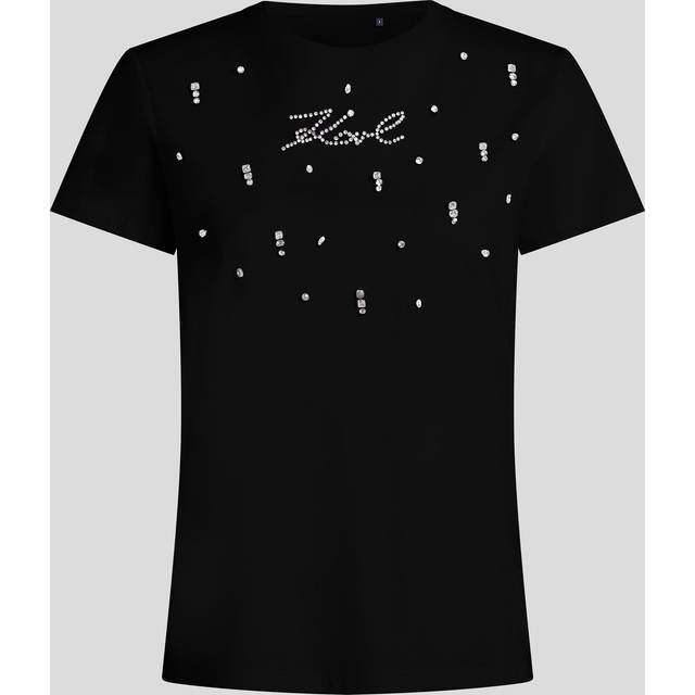 Karl Lagerfeld, Rhinestone Signature T-shirt, Woman, Black, Size: XS