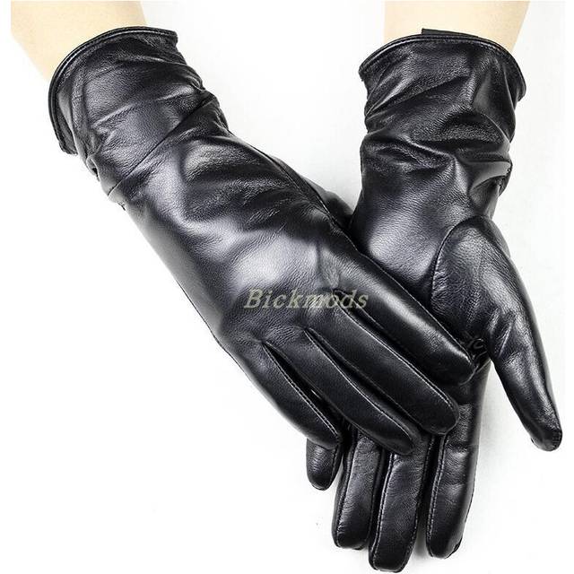 (8 1/2, Black) Sheepskin Leather Gloves Women's Fashion Elastic Style Velvet Lining to
