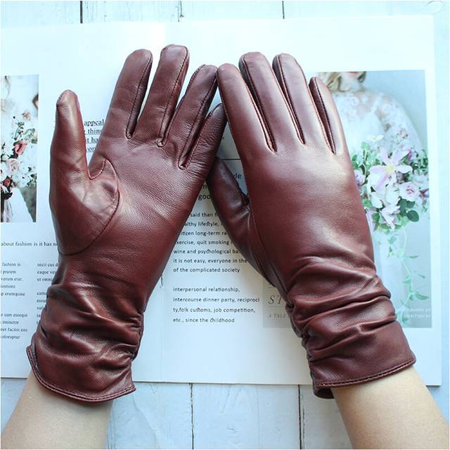 (8 1/2, maroon) Sheepskin Leather Gloves Women's Fashion Elastic Style Velvet Lining to
