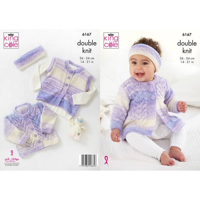 King Cole Double Knitting Pattern Coat Cardigan Gilet & Headband (6167)