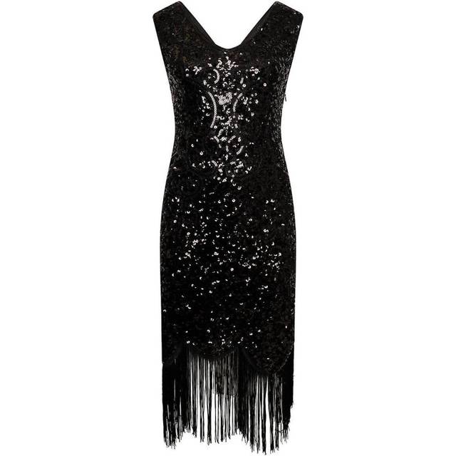 (M, Black) Hot Sale-women&#39;s Vintage Dress Sexy Sleeveless Dress 1920s Sequin Beaded Tassels Party Night Flapper Gown Dress Cocktail Dress