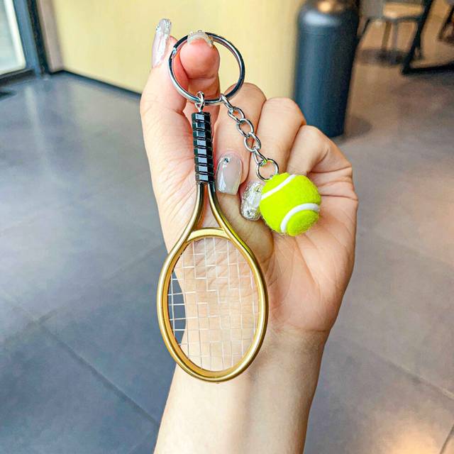 (GoldGreen) Tennis Metal Elegant Racket Keychain With Green Ball For All Occasions