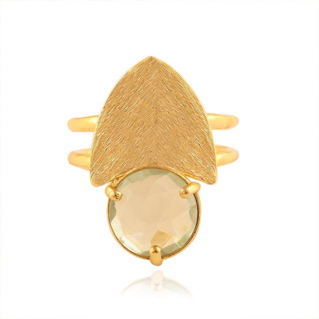 Green amethyst quartz ring gold plated double layer adjustable statement ring