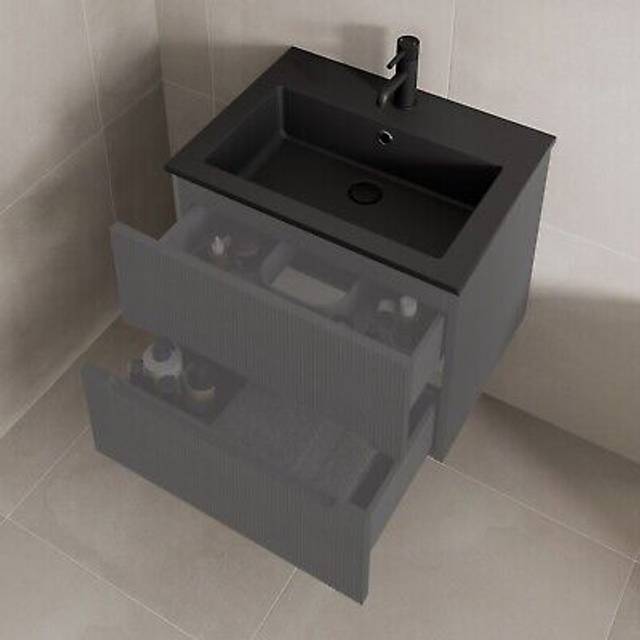 610 x 460mm bathroom recessed basin sink modern 1 tap hole black stone resin