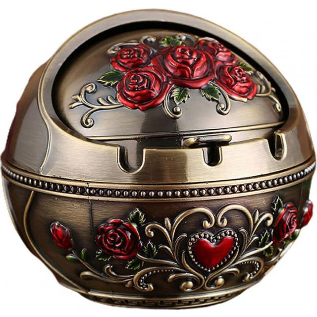 Ashtray Household Home Decor Zinc Alloy Retro Ash Holder with Lid for Home ,Rose