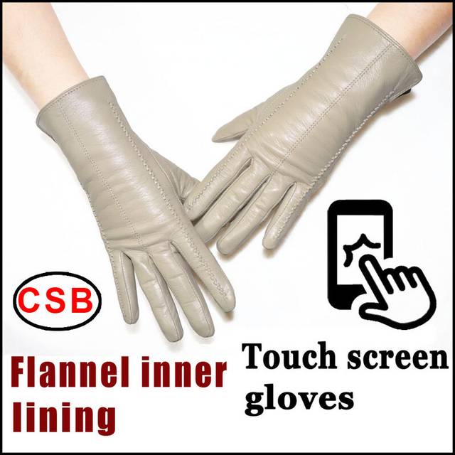 (8 1/2, CSB Touch Screen) Leather gloves women's sheepskin flannel lining warm in autumn and winter