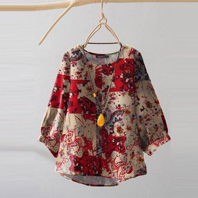 (red, L) Zanzea Women Casual Ethnic Print 3/4 Sleeve Loose Blouse