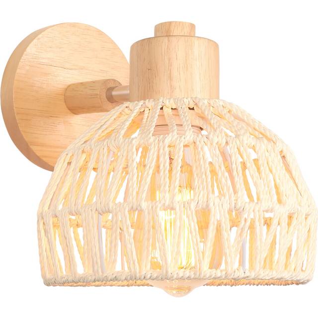 20CM Indoor Wall Light Adjustable Wood Rattan Wall Lights Retro E27 Vintage Wall Sconce for Bedroom Living Room White
