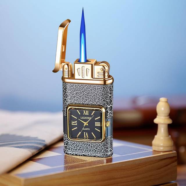 (D) Windproof Vintage Jet Flame Torch Lighter, Refillable Lighter with Light&Quartz Clock, Metal Bezel Design for Men Gift