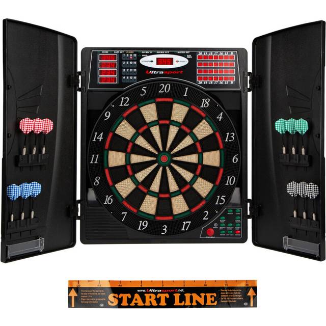 Ultrasport Elektronisk darttavla från med dörrar, Classic Dart för 16 spelare, dartspel med LED-display, 38 spel och många variationer/darttavla inklusive 12 mjukpilar och låsbara dörrar