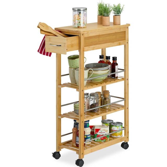 Relaxdays - Kitchen Cart, Bamboo, Drawer, 3 Shelves, Pantry Storage, hwd: 86.5 x 25 x 50.5 cm, Rolling Trolley, Natural