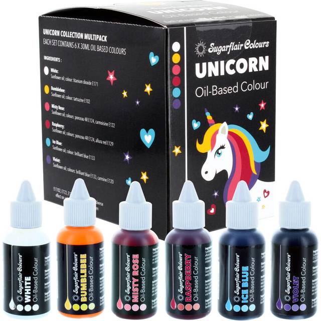 Sugarflair Oil Based Food Colouring, Unicorn Colours Set, Highly Concentrated Edible Oil Based Food Colour for Consistent Colouring of High Fat Foods: