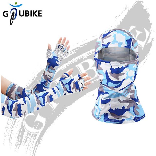 (a-Camo Sky Blue) GTUBIKE Sunscreen Balaclava And Sleeve Unisex Outdoor Anti-UV Half-finger Glove Sleeve Breathable Masked Riding Hiking Headwear