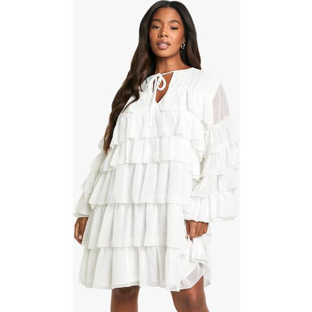 Womens Plus Chiffon Ruffle Pussybow Smock Dress - White - 16, White