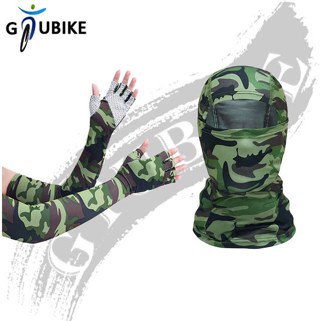 (a-Camo Army Green) GTUBIKE Sunscreen Balaclava And Sleeve Unisex Outdoor Anti-UV Half-finger Glove Sleeve Breathable Masked Riding Hiking Headwear