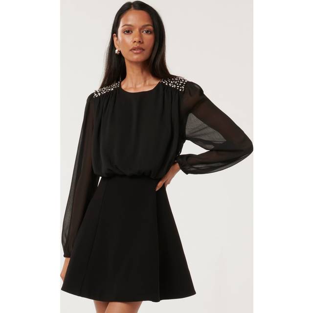 Forever New Women's Nyla Petite Diamante-Trim Mini Dress in Black, Size 14 Bodice/Bodice/Polyester