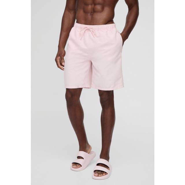 Branded Long Length Swim Short in Light Pink - Blue - XS