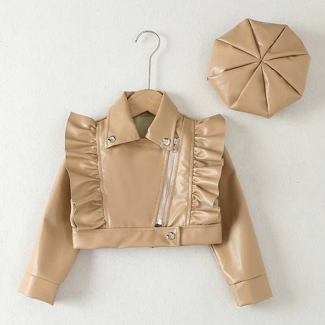 (As The Picture, 3T(Size 100)) Girls PU Coat Spring Autumn Fashion Leather Jacket +Cap 2Pcs Little Princess Waterproof Outwear Kids Clothes