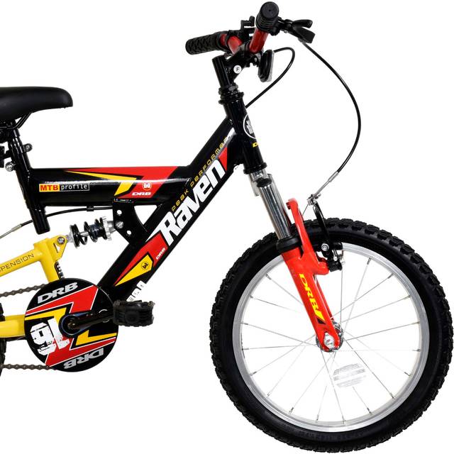 Dallingridge Raven Boys Full Suspension Mountain Bike, 16-inch Wheel - Black, Yellow & Red