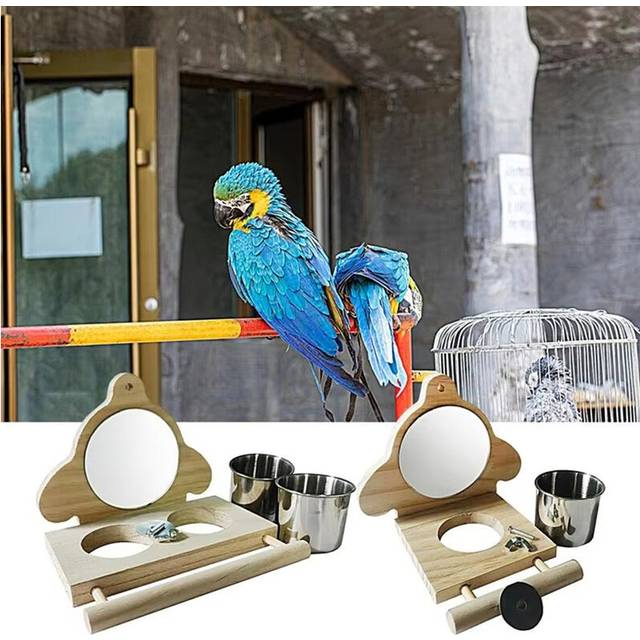 Parrot Perch Wooden Parakeet Mirror Toy Bird with and Feeding Cups Cage Play for Lovebird B
