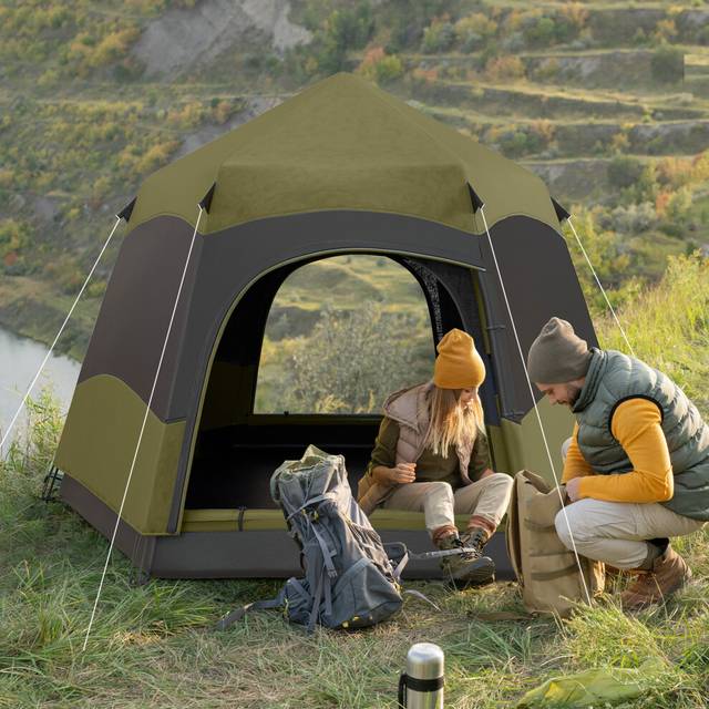 Outsunny 4 Person Camping Tent Festival Hiking Shelter, Dark Green, Grey
