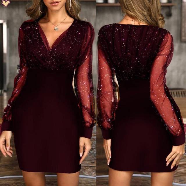 (wine red, XXL) Sexy Women Sequins Summer Female Black Retro Elegant Party Club Dress