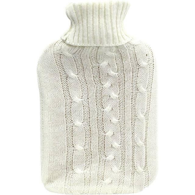 Hot Water Bottle 2 Litre with Cream Knitted Cover Screw Lid Leak Proof Rubber