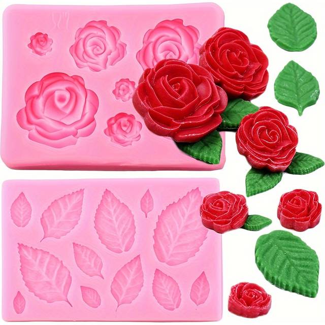 TEMU 2 Pieces Rose Flower And Leaf Silicone Molds - Fondant, Gumpaste, And Candy Clay Decorations - Suitable For Baking And Diy Cake Decorating
