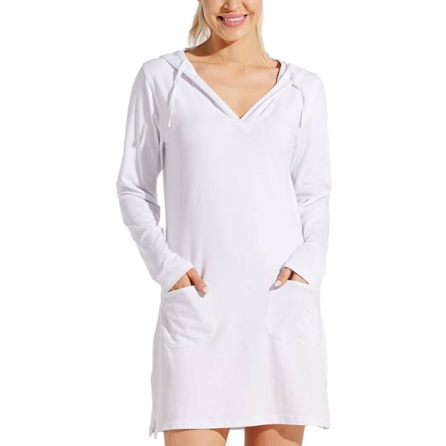Willit Women's Long Sleeve Cotton Swim Cover Up UPF 50+ SPF Dress Hooded with Pockets Sun Protection Beach Coverup White XL