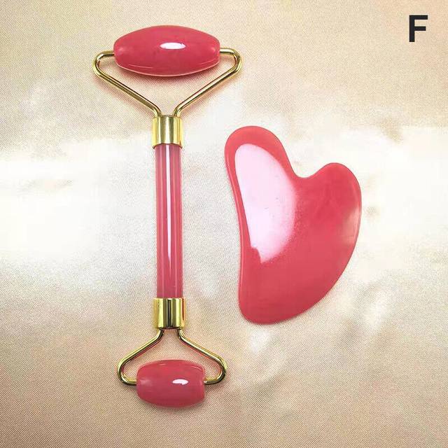 (a-White) Double Heads Jade Stone Face Lift Body Slim Neck Thin Lift Massage Tool Handmade Facial Massage Roller Guasha Scraping Board Set