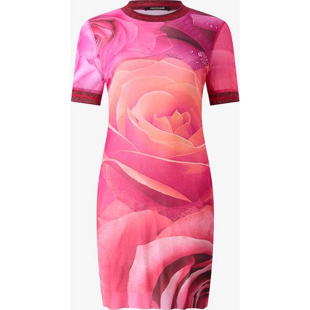 Roberto Cavalli Short Rose-print Dress With Glittery Trims - Female Dresses Fuchsia