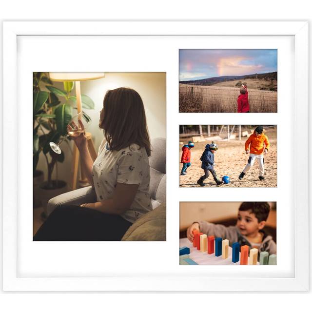 Golden State Art  14x16 White Wood Picture Frame - White Mat for one 8x10 and three 4x6 Photos - Tempered Glass  Sawtooth Hanger  Swivel Tabs - Wall M